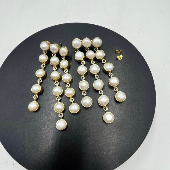 SHASHI Naya White Pearl Designer Dangle Three Triple Row Drop Earrings - Picture 4 of 14